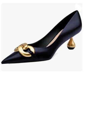 XYD Navy Low Heel Pointed Toe Pumps with Metal Chain Solid Golden Heeled Shoes